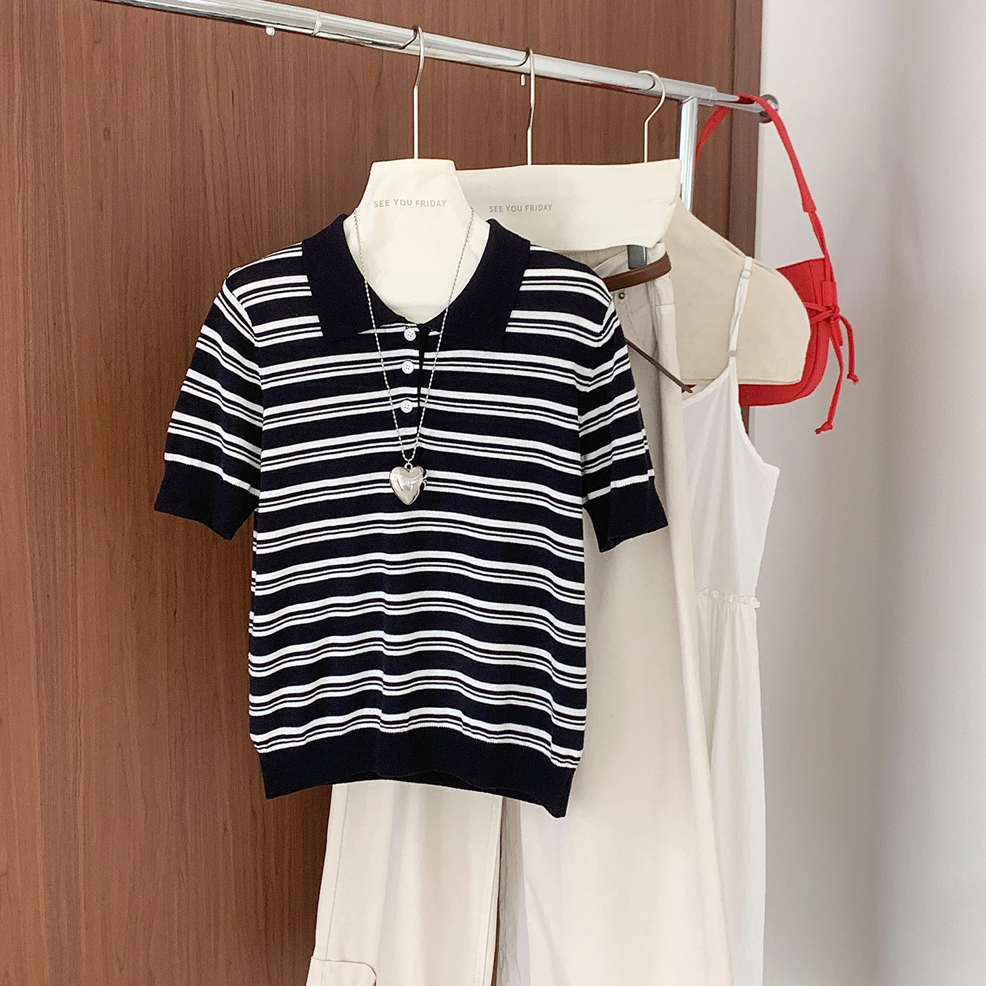Polo collar knitted shirt short sleeved women's summer front shoulder loose slimming T-shirt Korean casual versatile top