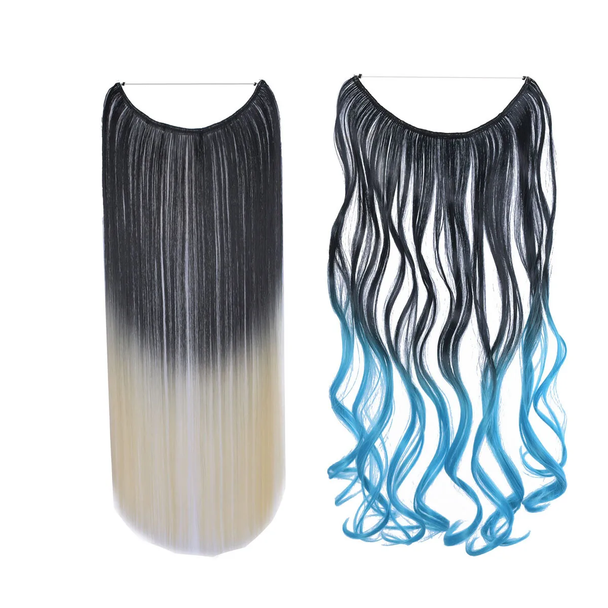 

One Piece Ombre Color Hair Extension Women's Hairpiece Wavy & Straight Invisible Wire Secret Fish Line No Clips Synthetic Hair