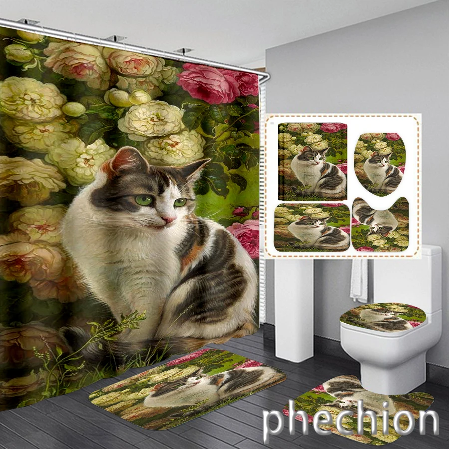 New 3D Print Cat Shower Curtain Waterproof Bathroom Curtain Anti-slip Bath Mat Set Toilet Rugs Carpet VR46