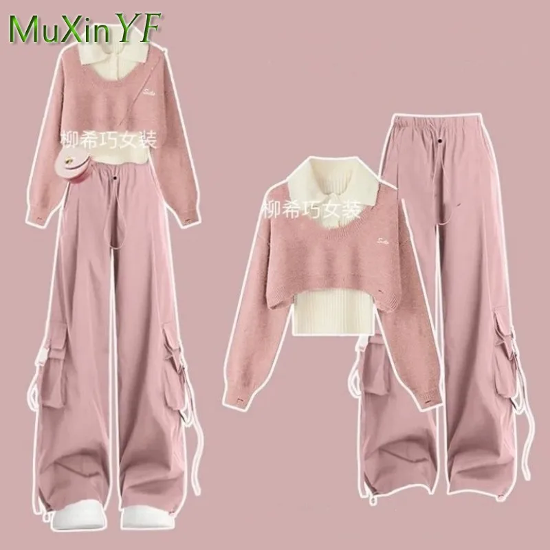 

Women's Autumn Winter New In Tracksuit Matching Set 2025 Korean Elegant Knit Sweater+POLO Vest+Sports Cargo Pants 3-piece Suit