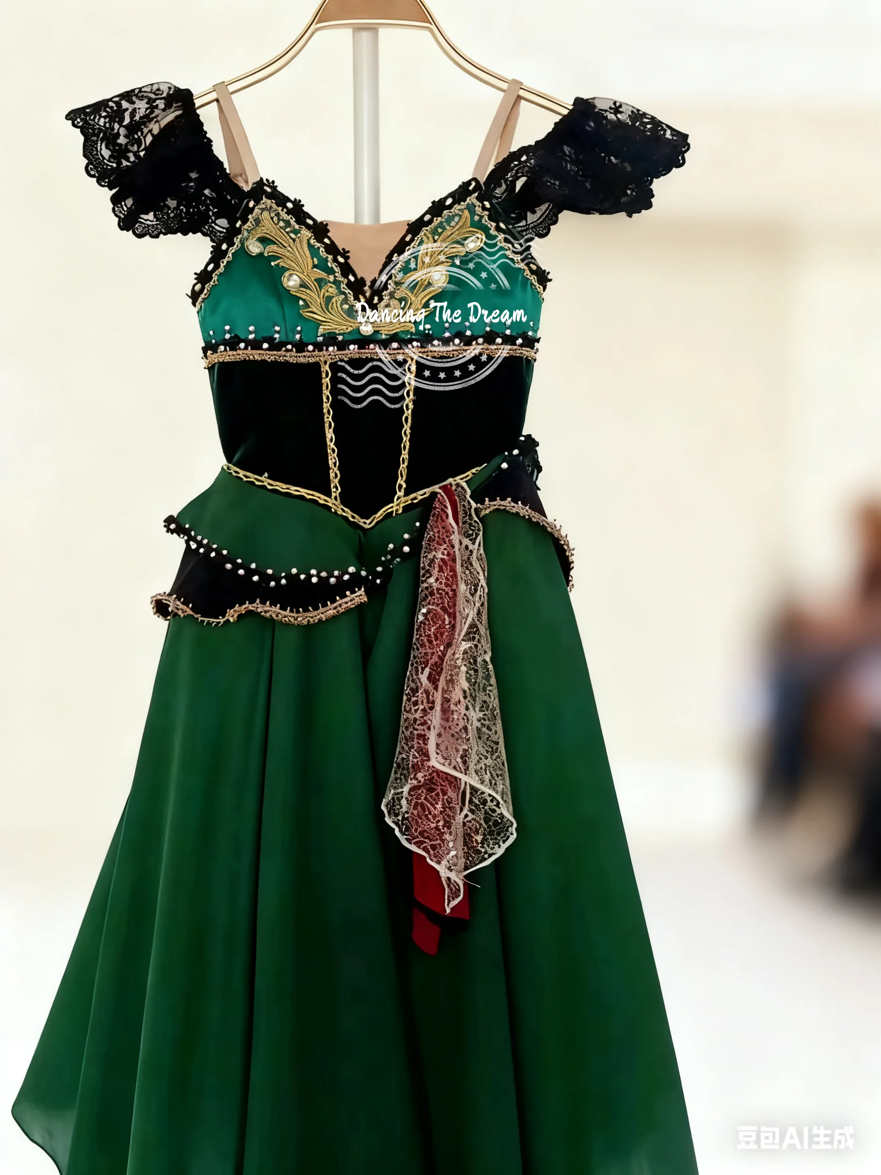 ثوب باليه أخضر رائع مع دانتيل وتطريز