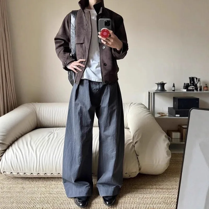 

Men Spring Autumn Vintage Short Styles Soft Brown Faux Suede Jacket Loose Long Sleeves Breasted Zipper Stand Collar Men Coats