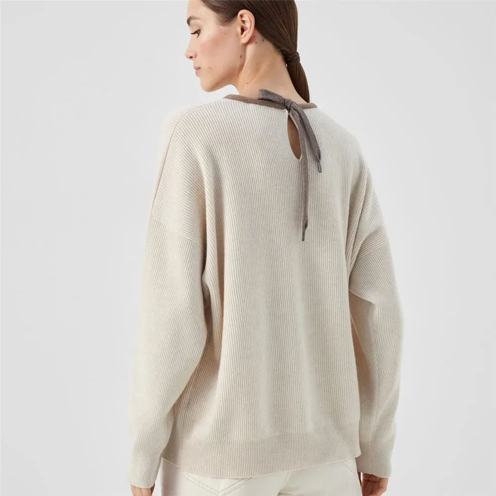 100% Cashmere Sweater Fall Winter Women Beaded O-Neck Knitted  Sweater Female Long Sleeve Pullover