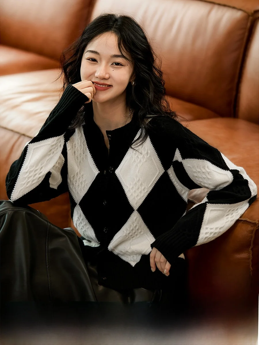 

Винтажный кардиган Xhange с цветными блоками и ромбовидным узором, из кашемировой шерсти, женский вязаный свитер с длинными рукавами, стандартный крой