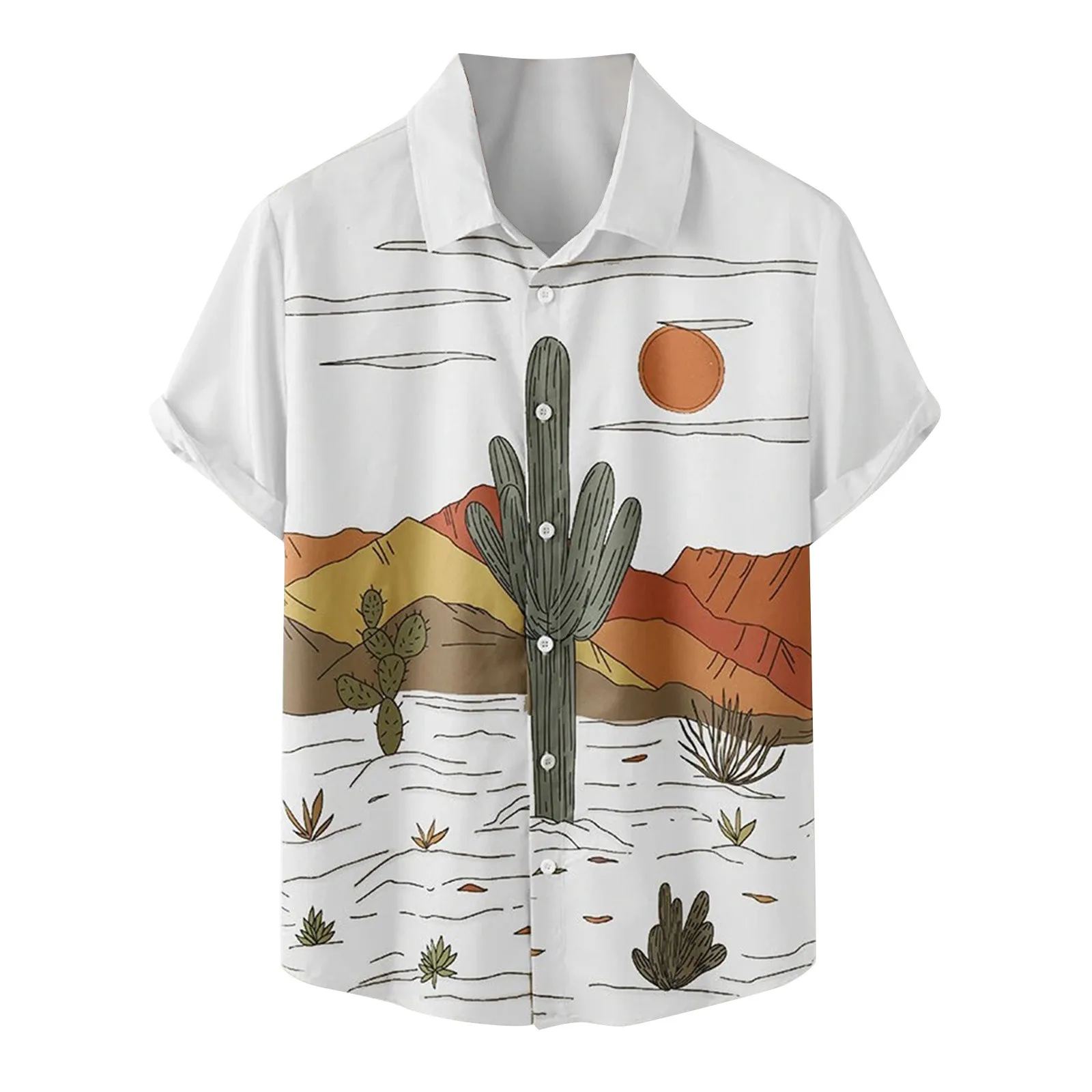 2023 Summer Hawaiian Shirt Designer Men Cactus Desert Landscape Print Shirts Tropical Plant Short Sleeve Blouse Vintage Camisas