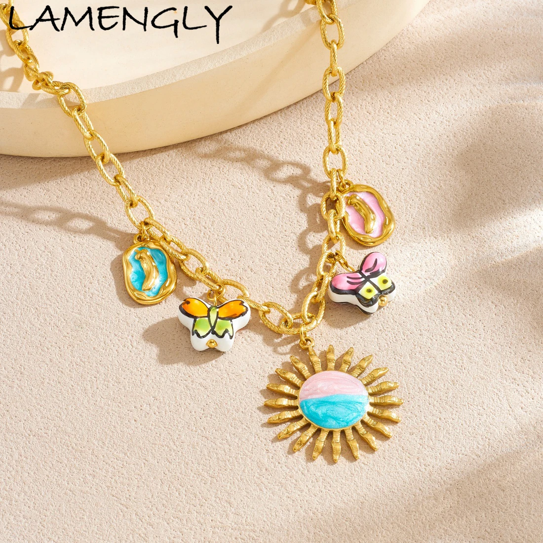 

LAMENGLY 316L Stainless Steel Enamel Coloring Sun Ceramic Butterfly Pendant Necklace Lady Fun Trendy Neck Chain Jewelry Gift