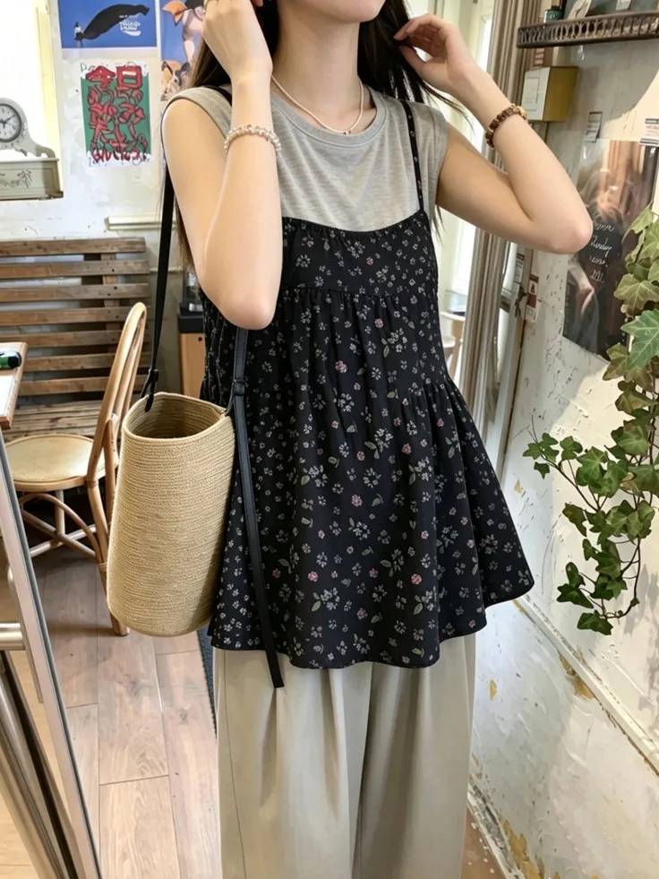 

Sweet Style Floral Print Halter Top And Sleeveless T-Shirt Two-Piece Set Women's Summer Fashion Outfit Casual Comfortable Fit