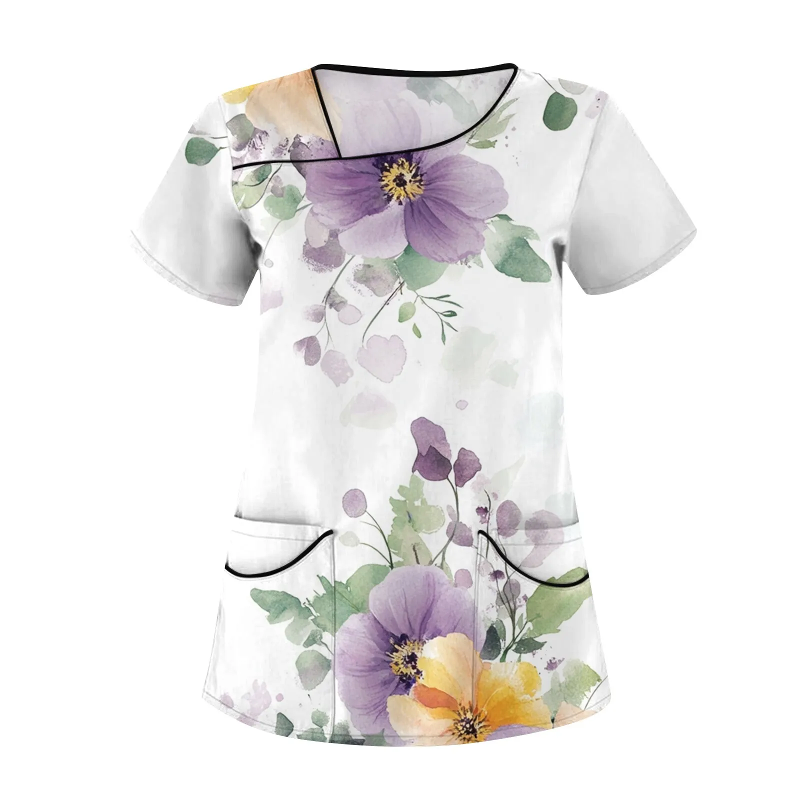 Women's Oversized Breathable Casual Floral Printed Short Sleeve Sloping Collar Workwear Top with Pockets Comfy Working Uniform