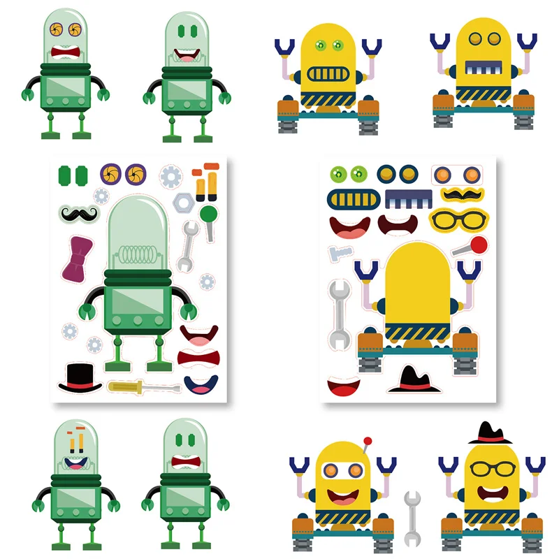 6/12sheets Make A Robot Stickers for Kids DIY Robot Face Puzzle Jigsaw Fun Craft Project Children Boy Girl Birthday Gifts Favor