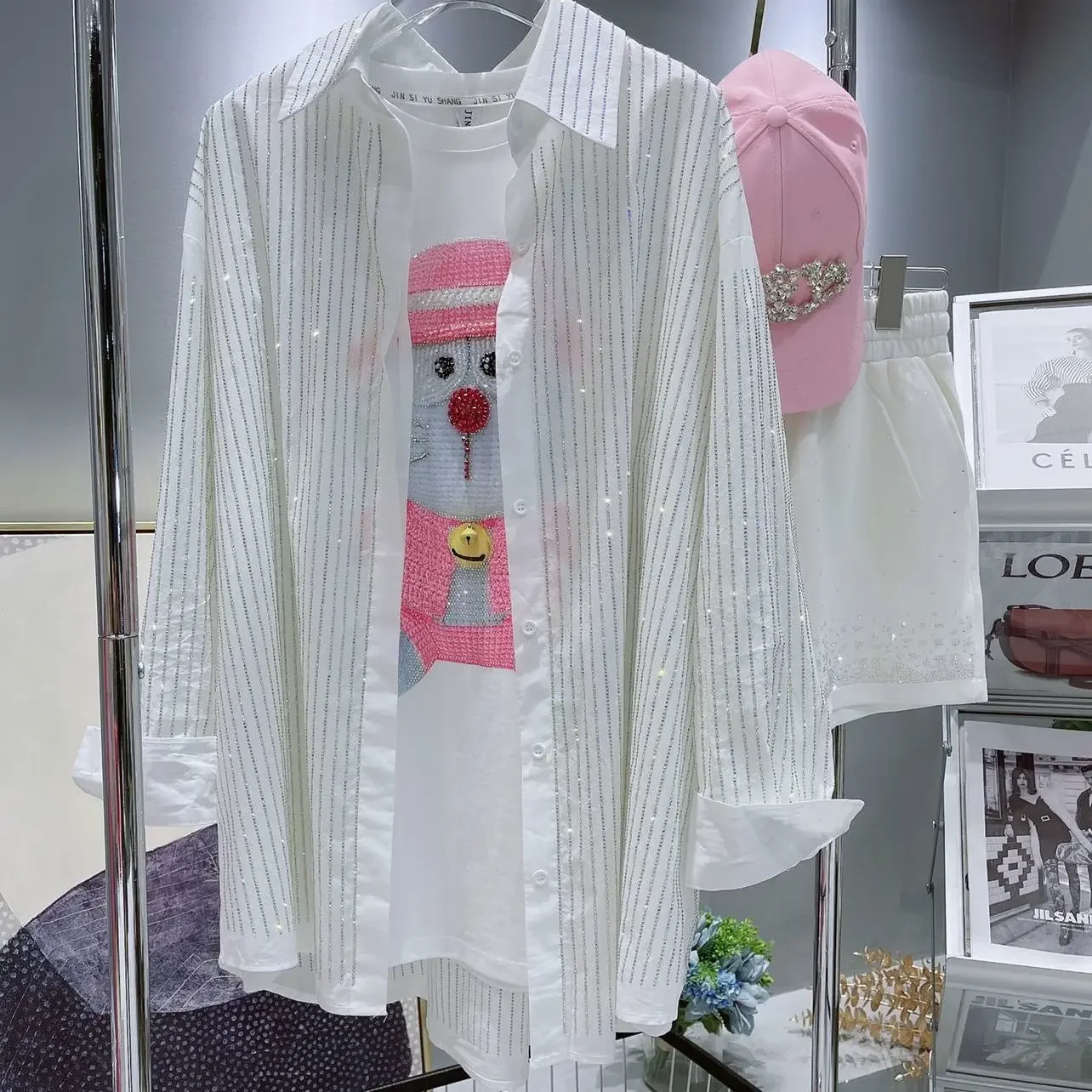 Pink Striped Diamonds Shirts Spring Loose Hot Drilling Blouses OL Sequined Cardigan Streetwear Turn Down Collar Crop Tops Blusas