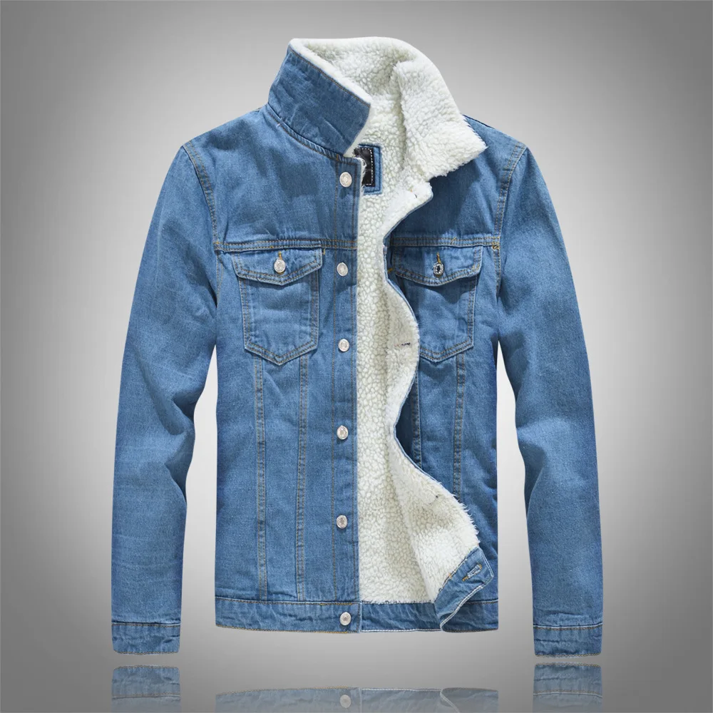 

2024 Men's Winter Cashmere Light Color Denim Jacket Slim Fit Fleece-lined Warm Jacket