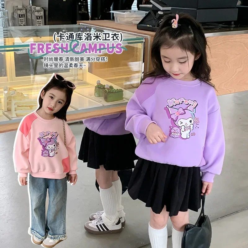 2024 Spring Autumn Kawaii Sanrio Anime Long Sleeve Hooded Pants Set Cute Kuromi Cartoon Baby Shirt Blouse Gifts for Kids