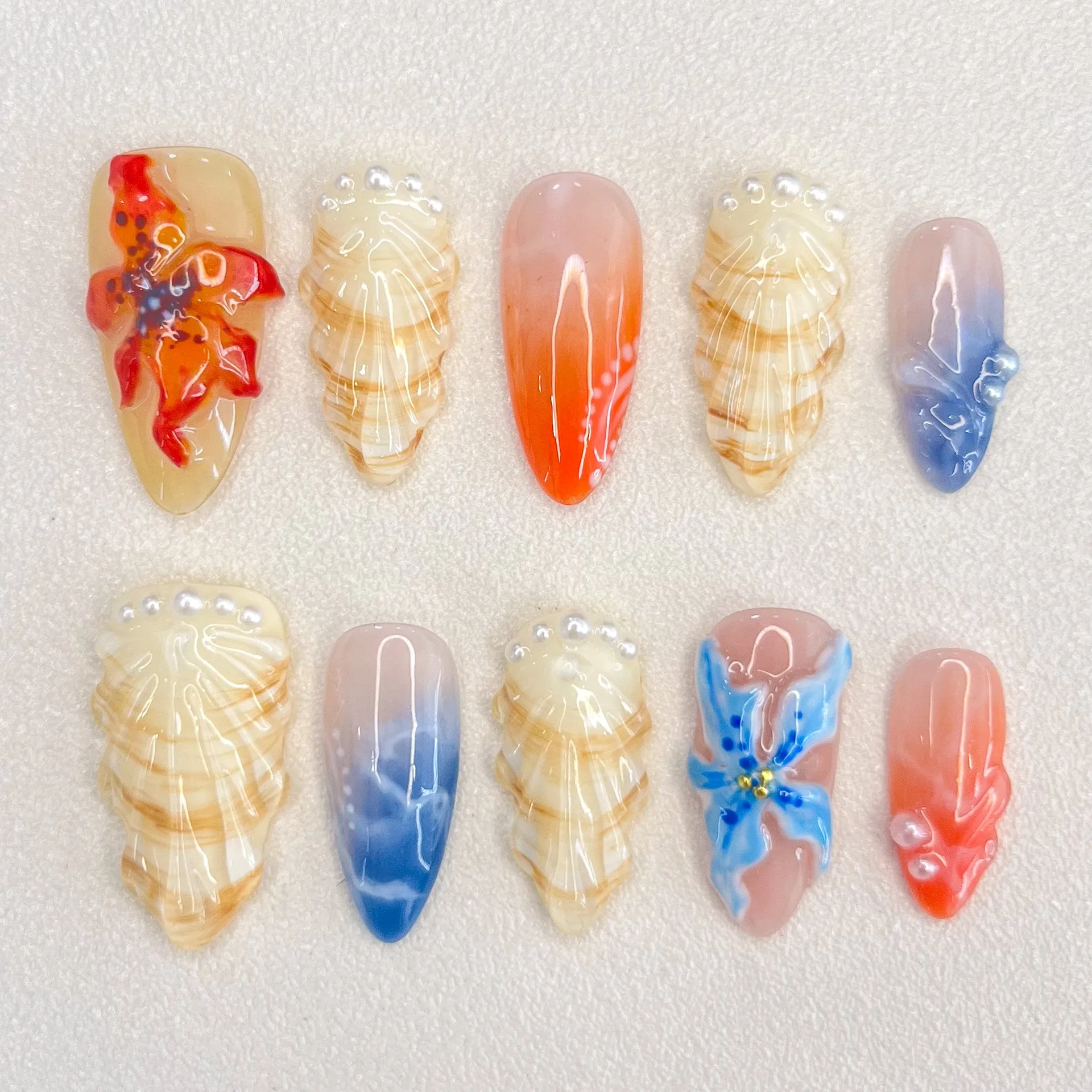 Shell Flowers Personal Design Style Handmade Relief 3D Mandarin Duck Nails Pressed on Fake Nails Manicure Nail Ornament Women