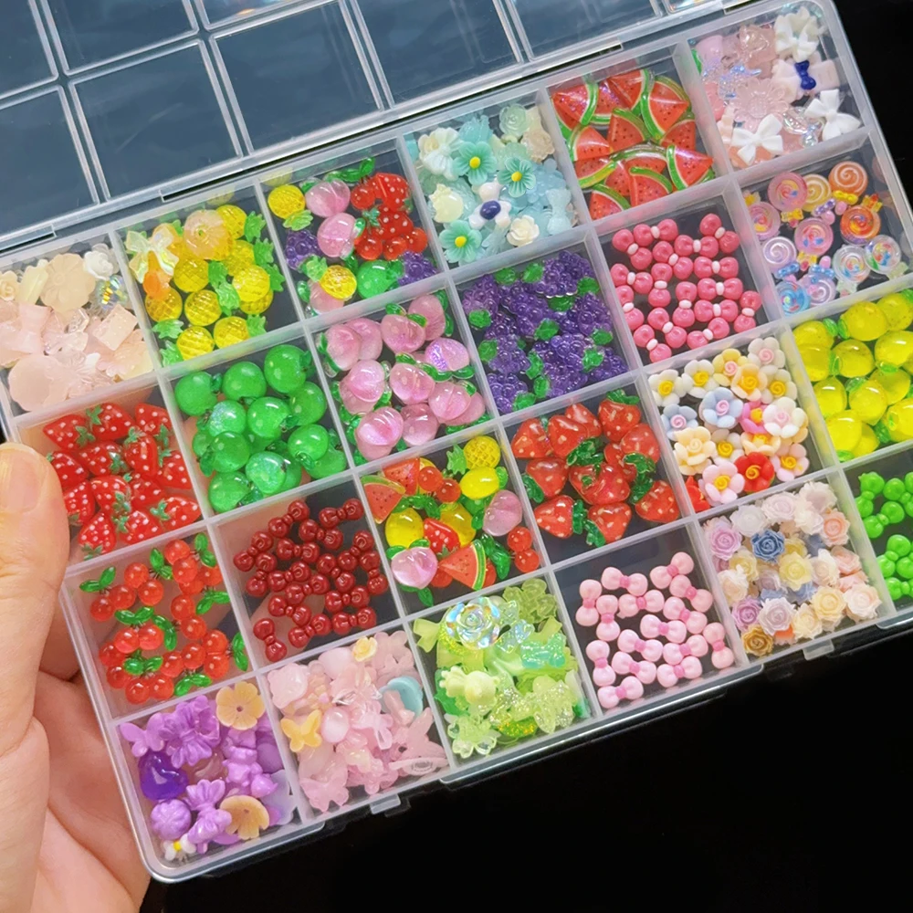 12/24Grids Mixed Fruit Bow Nail Charms Assorted Grapes Peach Cherry Pineapple Nail Art Decoration DIY Fruit Gems Manicure Parts