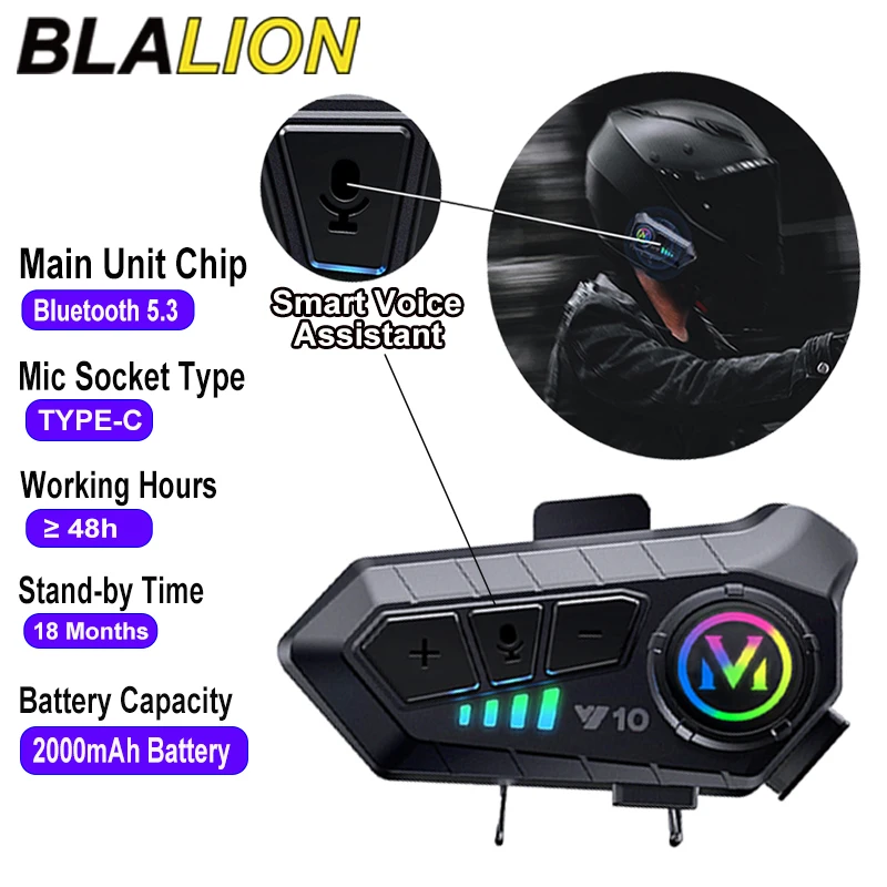 

BLALION Y10 Motorcycle Helmet Headset Stereo Voice Control Bluetooth Hands Free Call IPX6 Waterproof 2000mAh With Ambient Light