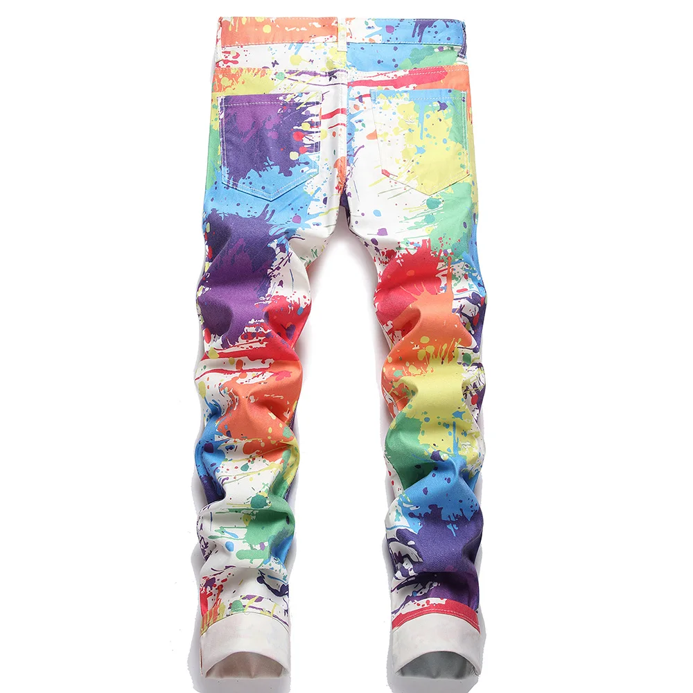 Men Fancy Color Painted Jeans Trendy Digital Printed Stretch Denim Pants Fashion Y2K White Slim Straight Trousers