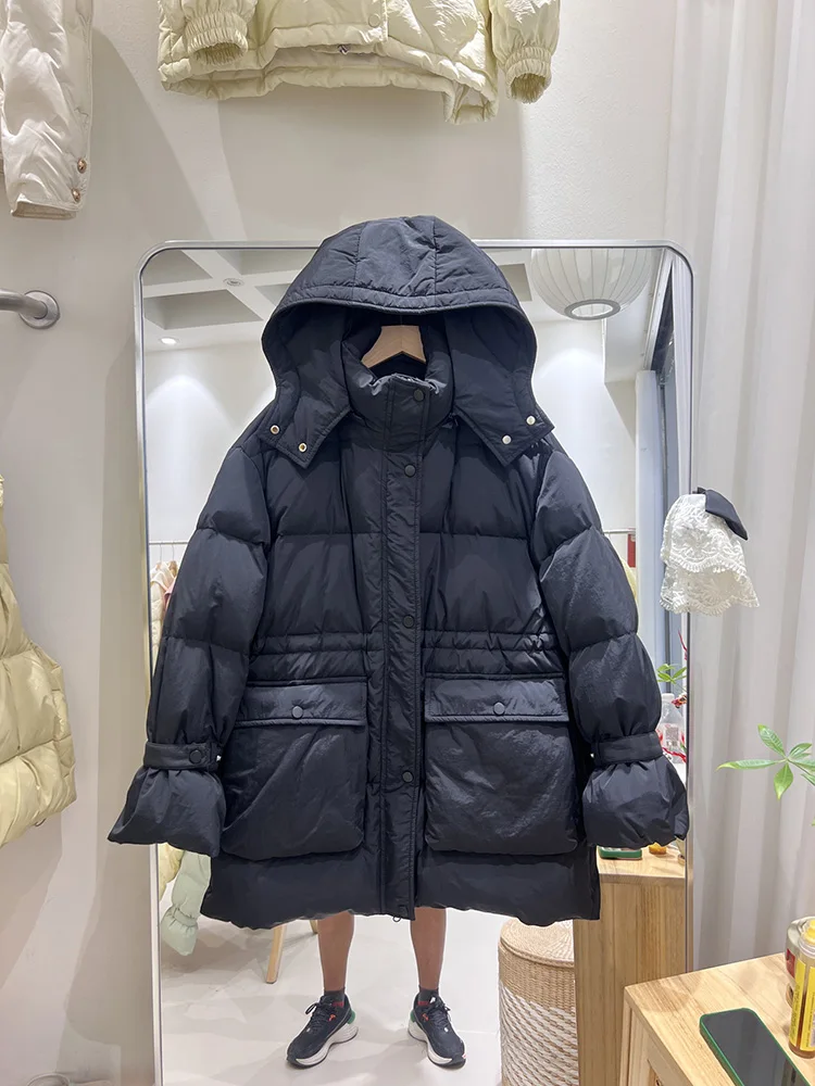 Women's middle and long hooded down jacket winter 2025 new fashion design sense big pocket loose white duck down coat