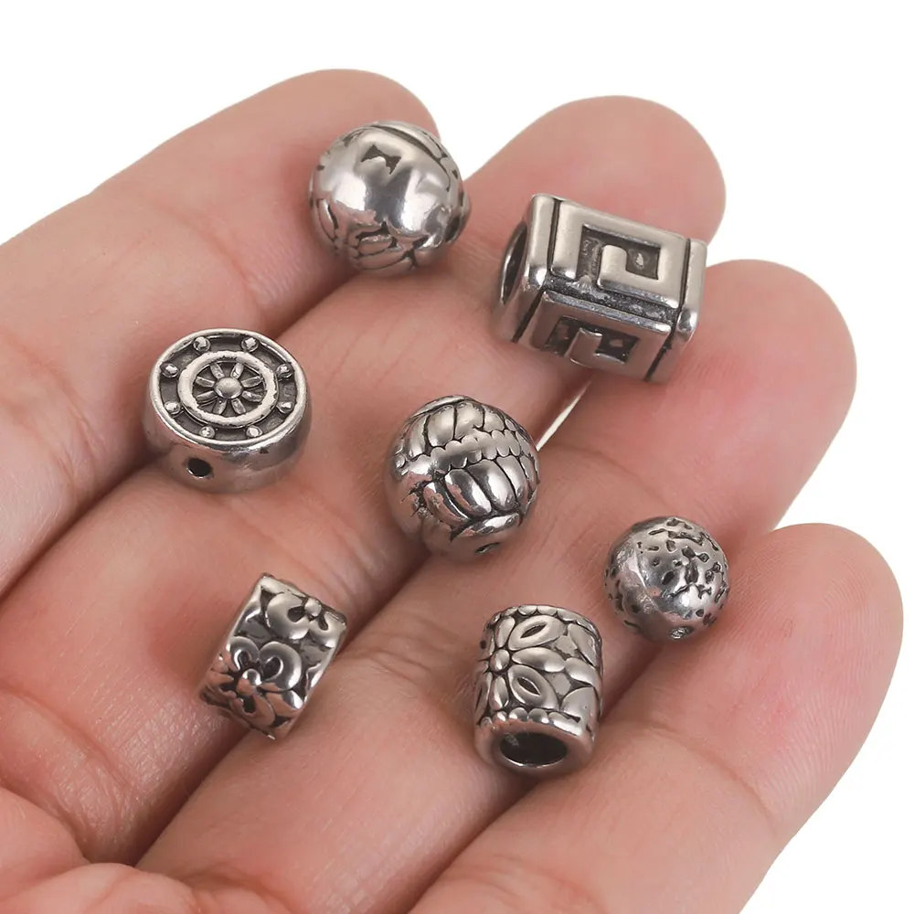 5Pcs Stainless Steel Vintage Square Tube Flower Bead Spacer Large Holes Beads for Bracelet Jewelry Making Necklace Metal Hair