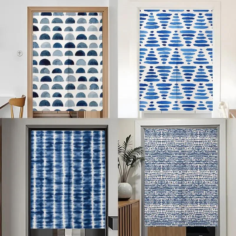 Wabi-Sabi Minimalist Half-Door Curtain, Vintage Indigo Tie-Dye Fabric Room Divider Curtain, Entryway Home Decor