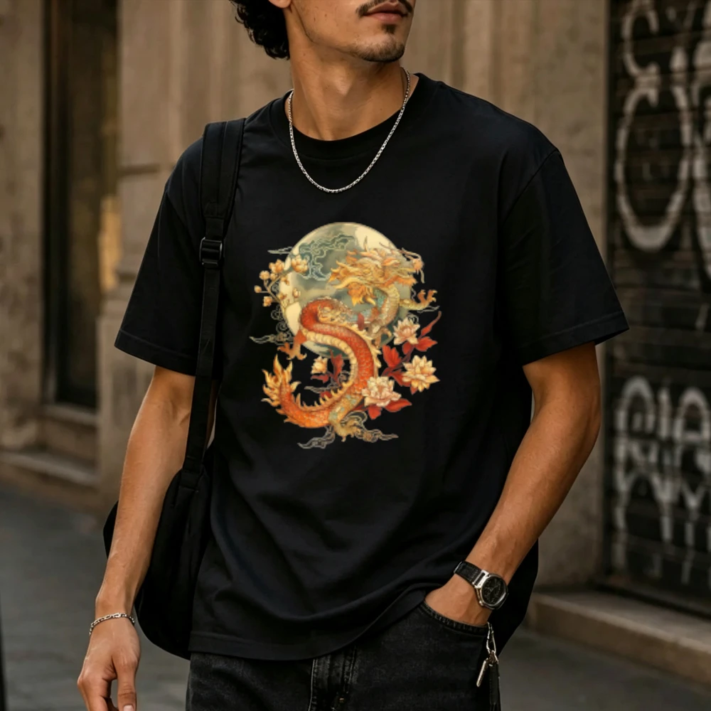 Men Pure Cotton T Shirt Traditional Chinese Golden Dragon Full Moon Peony Flower Ink Painting Print Oriental Luck Symbol Tees