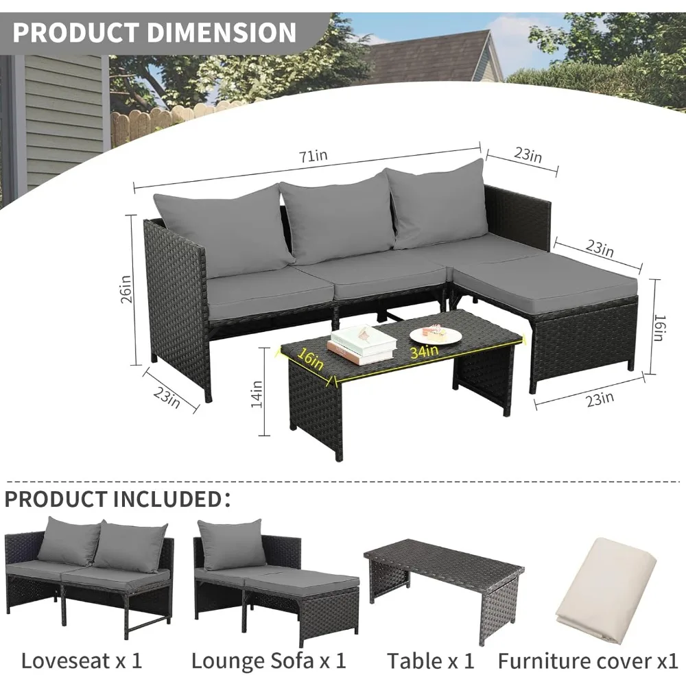 3-delige buiten PE rotan meubelset terras zwart riet conversatie loveseat bank sectionele bank grijs kussen