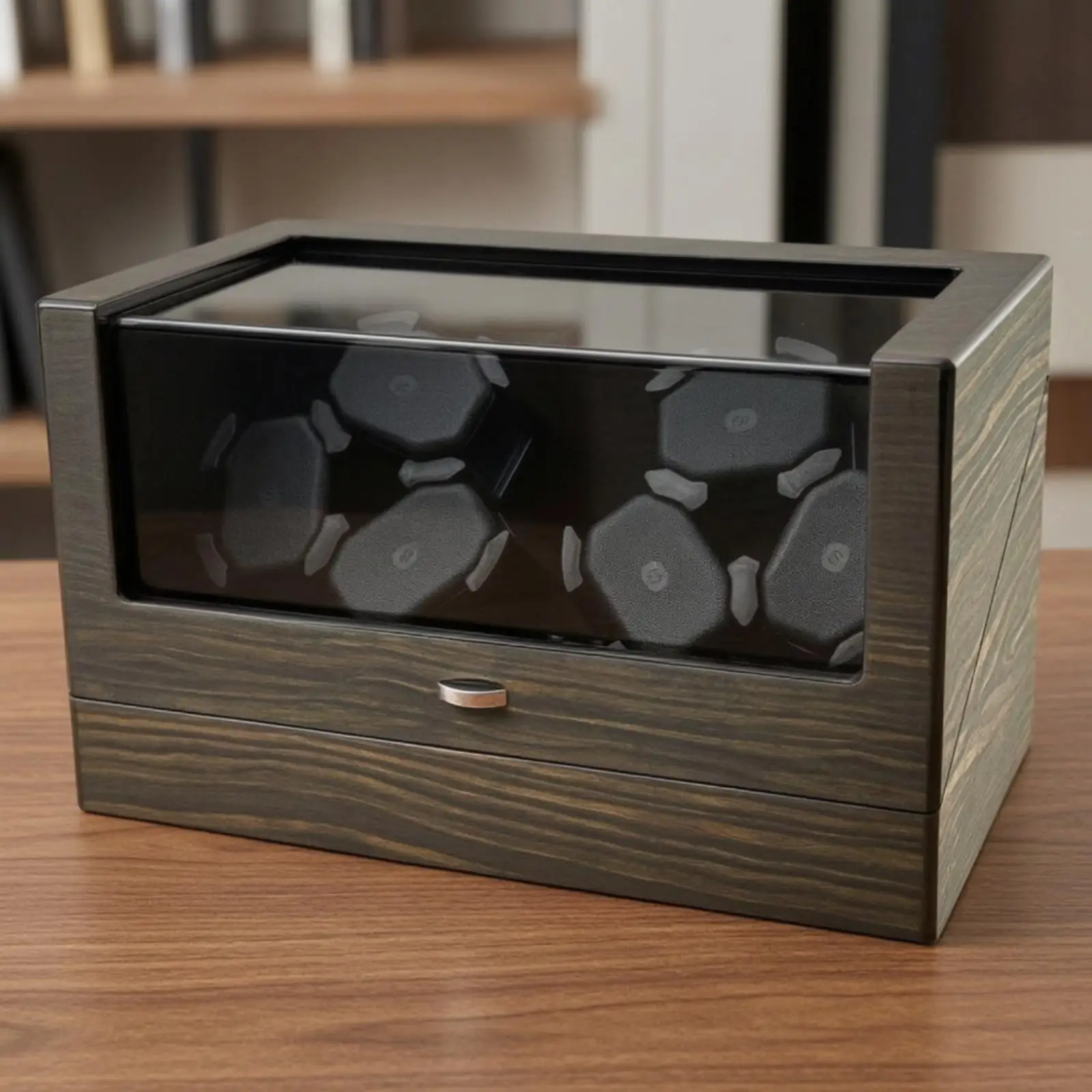Watch Winding Station with Transparent Lid and Storage Drawer for Automatic Timepieces MDF Gold Wood Finish