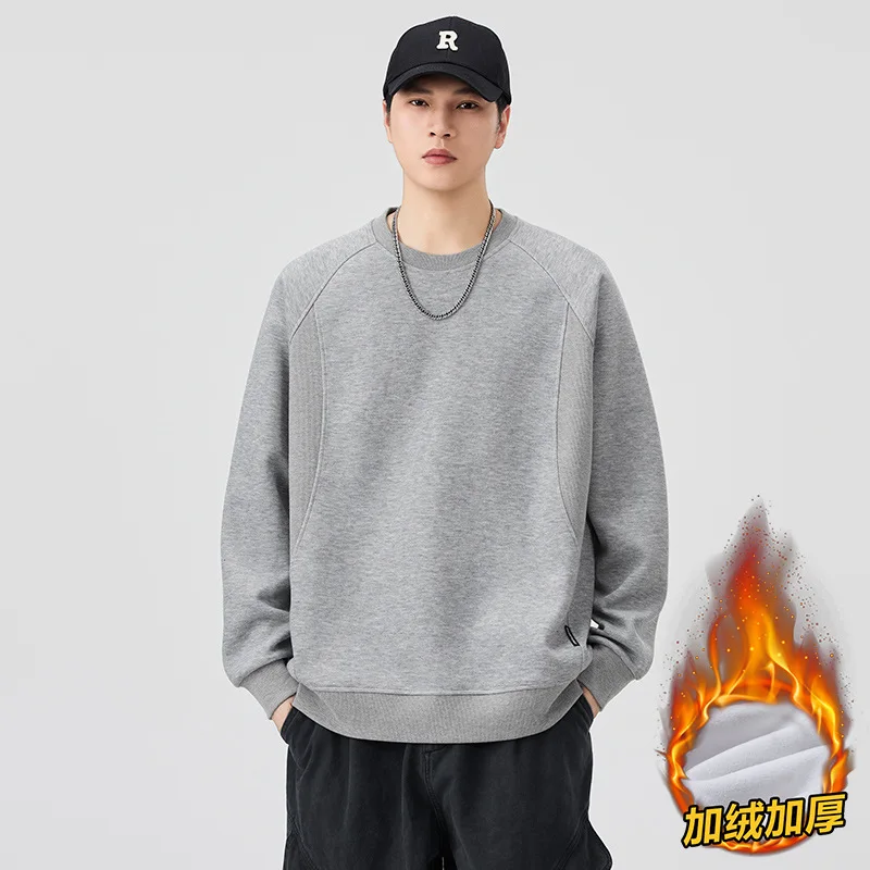 Men's Fleece-Lined Thickened Sweatshirt 2025 Winter New Deconstructed Casual Loose Warm Long-Sleeve Base Shirt Top