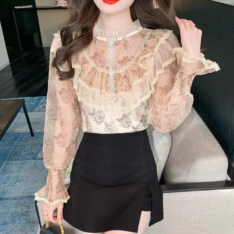 Elegant Lace Chiffon Shirt Autumn New High Quality Lantern Sleeve Ruffled Stitching Fashion Commuter Printed Top Shirts Women