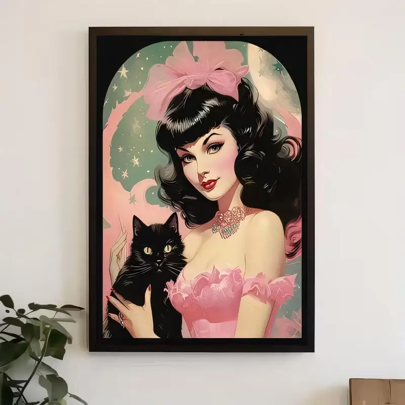 Retro Pop Art Pin - Up Girl & Black Cat Metal Tin Wall Decor, Pink - Themed with Bow & Lace, Iron Material, Perfect for Home, Ca