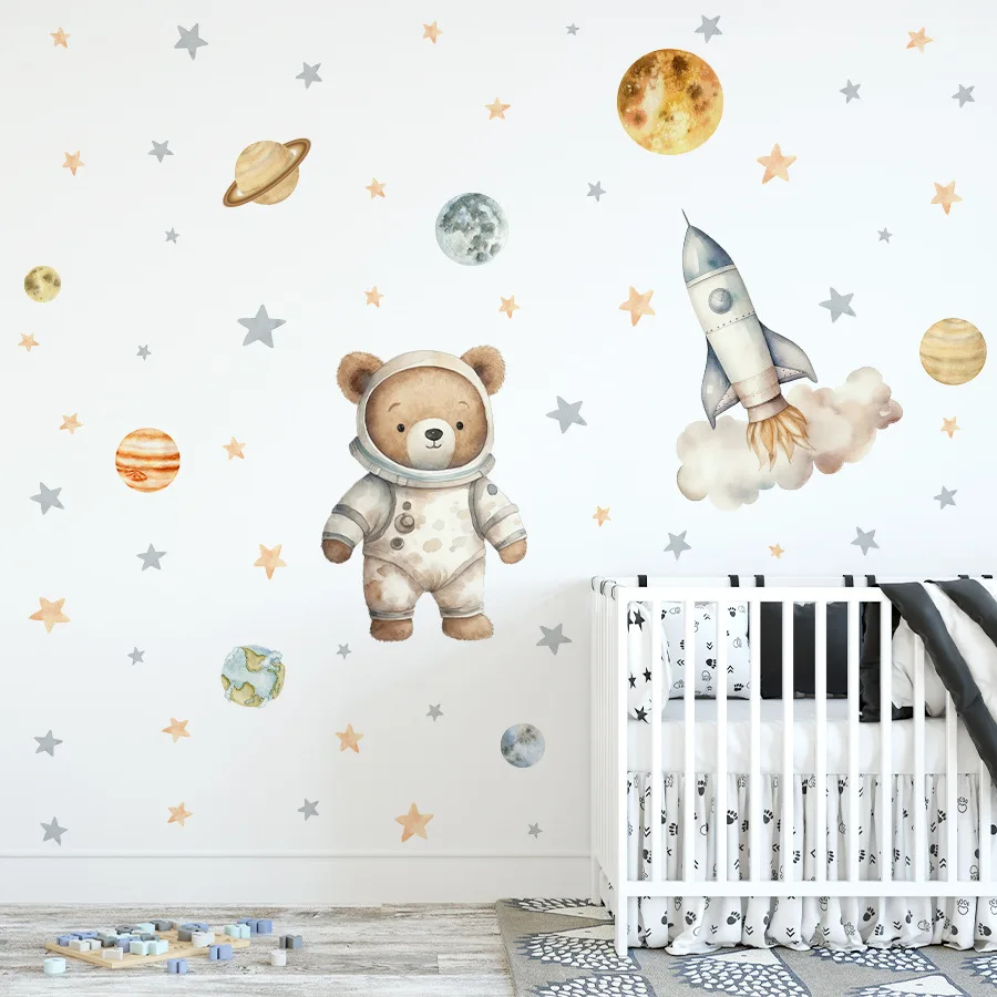 Cartoon Space Astronaut Bear Wall Stickers for Kids Room Decoration Bedroom Removable PVC Wall Decals Children Home Decor