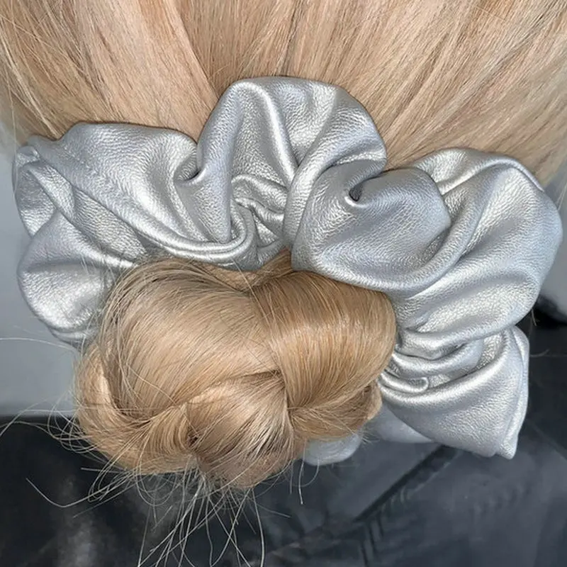 Fashion Silver Leather Large Intestine Hair Band Simple Hair Ring High-Grade High Ponytail Hair Band Headwear Elastic Hair Bands