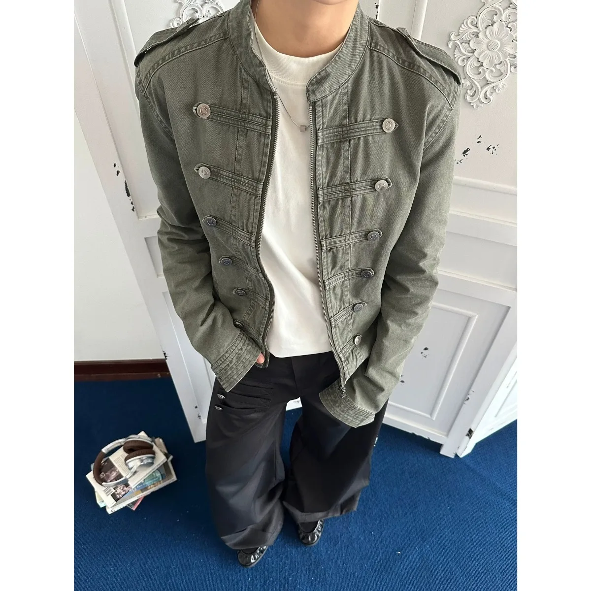 Retro American Double-Button Napoleon Jacket Slim Fit Stand Collar Denim Coat for Men And Women Youth Trend Polyester Fabric