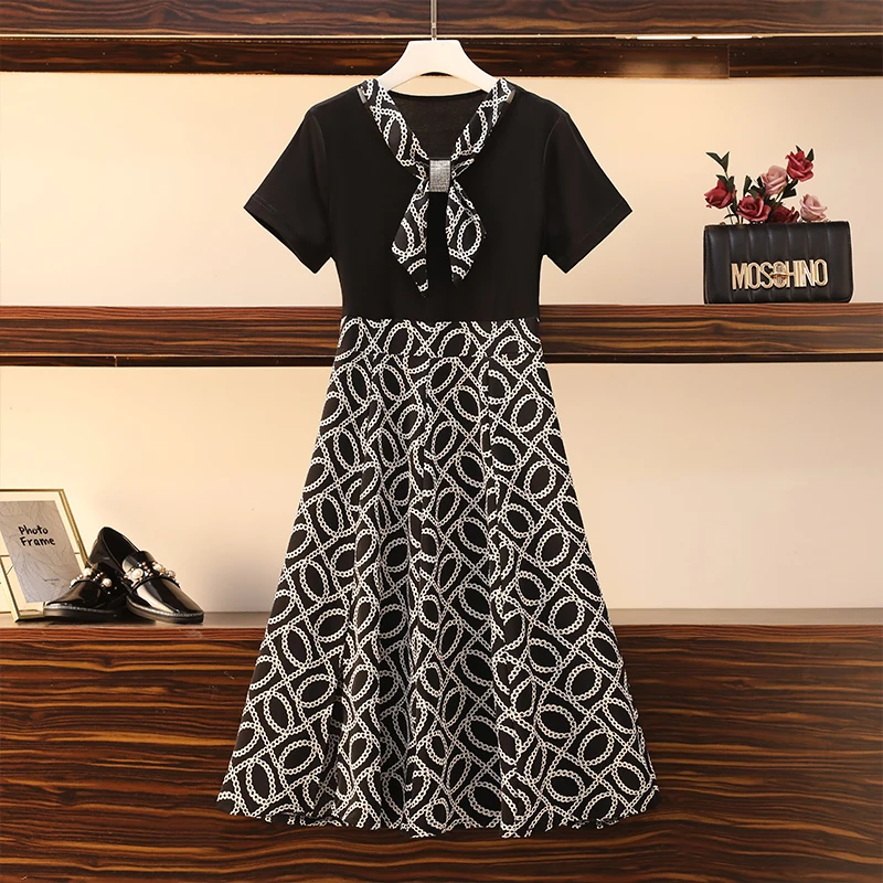 2024 Black Patchowrk Print Bow Midi Dress Summer Korean Vintage Hepburn Dress Women Fashion Elegant Bodycon Casual Party Dresses