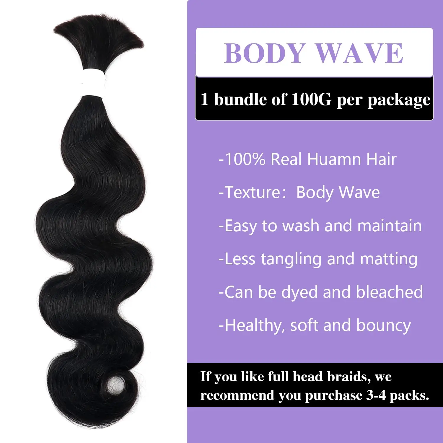 Natural Black Body Wave Human Trança para trançar, sem trama, 100% não transformados, Boho, 1 pacote, 100g