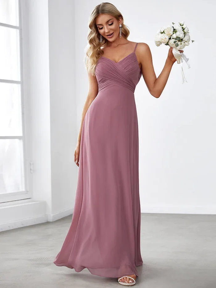 

Sleeveless Front Ruched Maxi A-Line Custom Size Spaghetti Strap Criss-Cross V-Neck Bridesmaid Dress