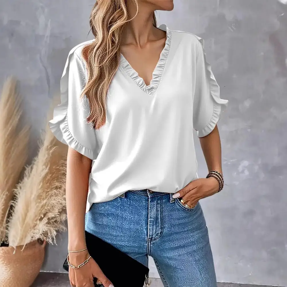 

Women Shirt V-Neck Ruffled Splicing Petal Sleeve Spring Tops Loose Fit Tee Casual Office Travel Shirt Ruffled Splicing Blouse