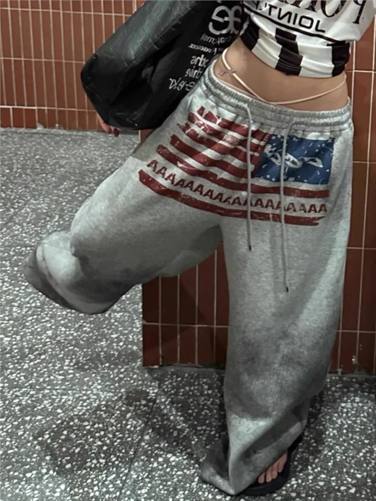 Y2K كلية الأمريكية الهيب هوب القوطي طباعة الرباط واسعة الساق Sweatpants فضفاضة 90s شارع العليا بنطال رياضي الطابق طول السراويل #1