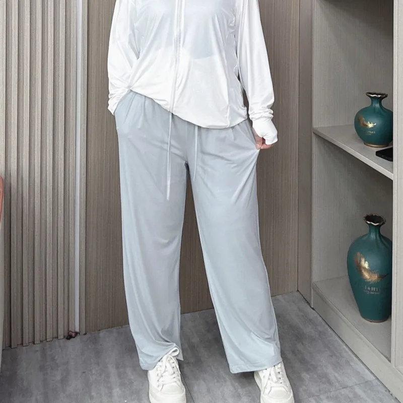 Loose Thin Straight Pants Women Summer New Plus Size Casual High Waist Cool Ice Silk Wide Leg Pants