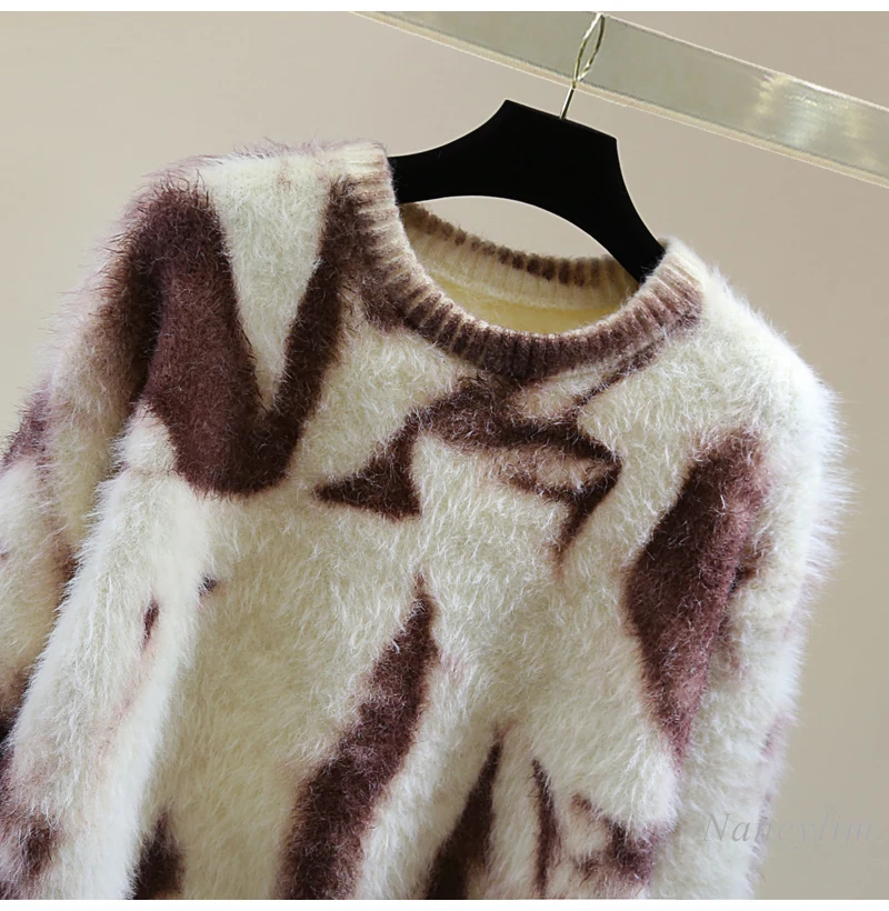 Irregular Printed Mohair Pullover Knitted Sweater Woman 2024 Winter High Waist Short Crew Neck Long Sleeve Sweater Jumpers