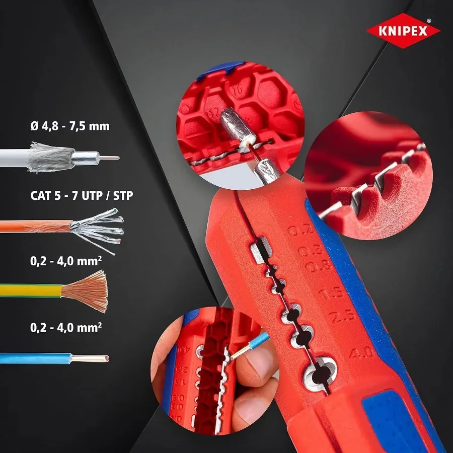 KNIPEX 16 95 01 SB 135mm ErgoStrip أداة تجريد عالمية - اليد اليمنى لتجريد الكابلات المترية