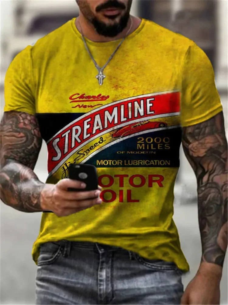 2026 Herren 3D Retro Ölgemälde Bedrucktes Kurzarm-T-Shirt Vintage Motorrad-Muster Lässiges Oversize-Rundhals-Oberteil – Detail 3