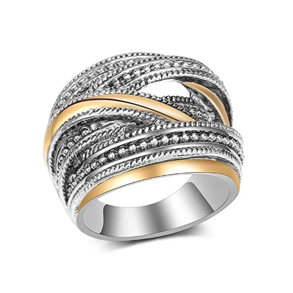 Retro Creative Geometric Lines Interwoven Entwine Milgrain Two-color Multi-Layer Wide Rings for Women Statement Jewelry Gifts