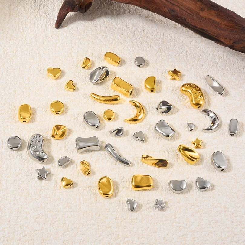 Stainless Steel 10pcs/Lot Different Geometry Shapes Bent Pipe Moon Star Fold Texture Large And Small Hole Beads DIY Necklace