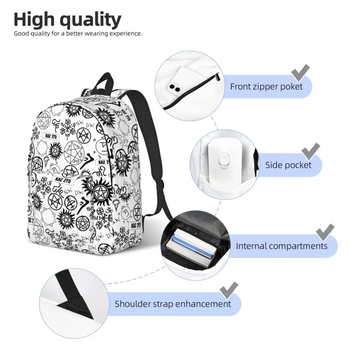 Mochila informal con símbolos supernaturales para hombres y mujeres, bolso de hombro universitario con bolsillo para escuela secundaria, senderismo, viaje, día