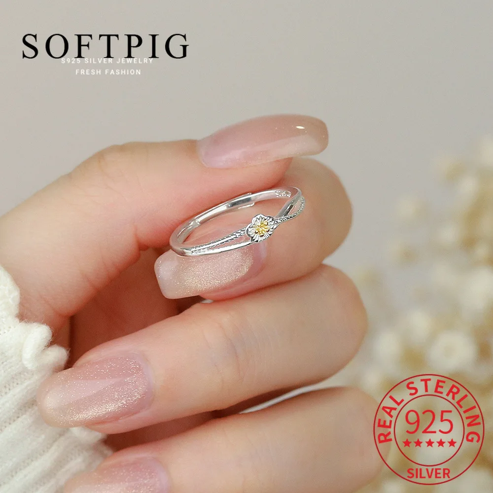 

SOFTPIG Genuine 925 Sterling Silver Flower Adjustable Ring for Women Cute Fine Jewelry Light Luxury Plant Accessories
