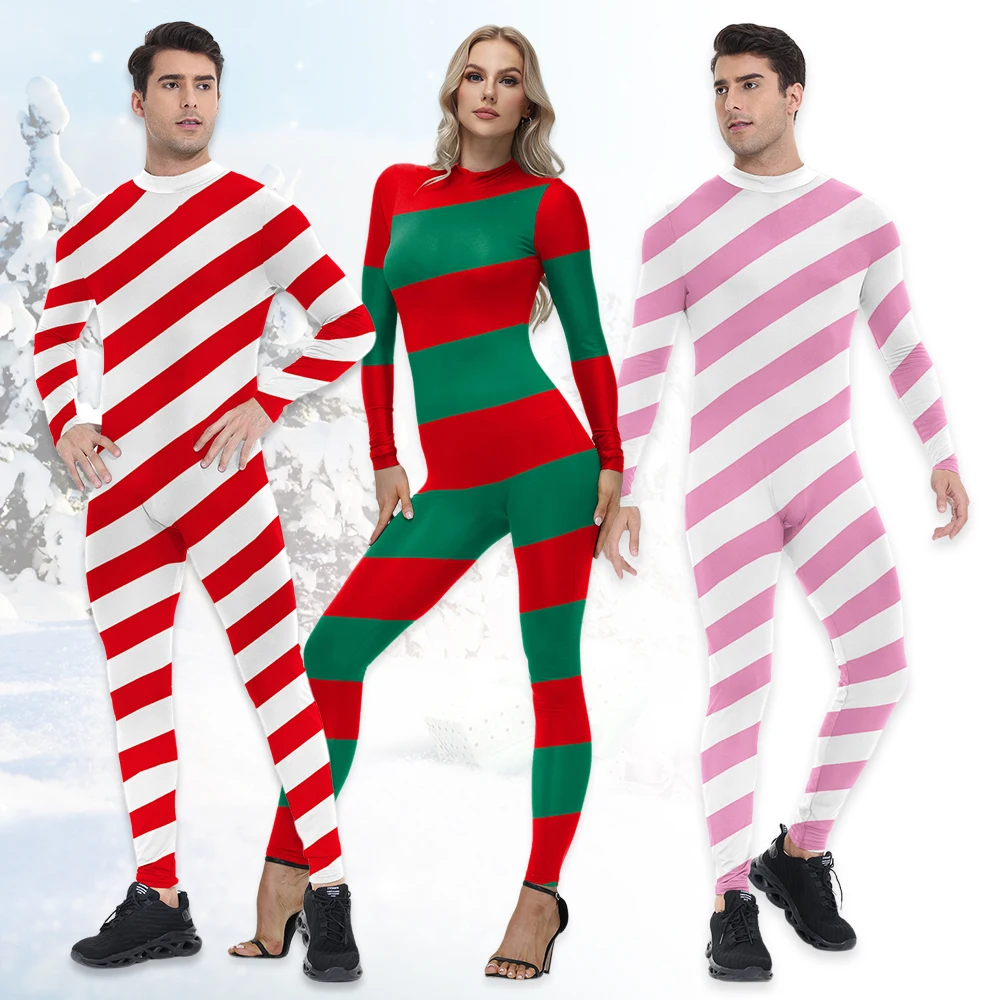 ZAWALAND Christmas Carnival Zentai Bodysuits Women Men Chroma Stripe Printed Festival Halloween Jumpsuits Cosplay Costume