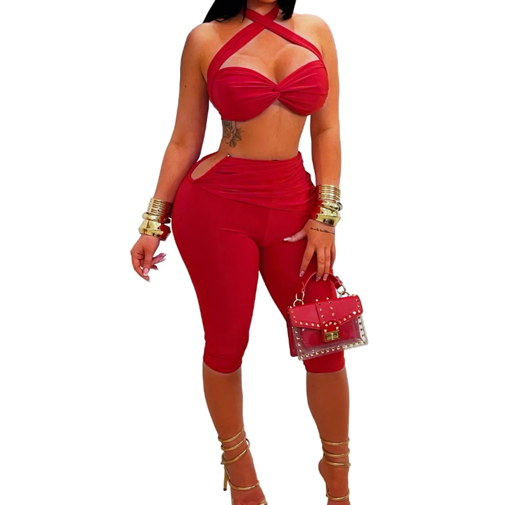 

Fashion Women Sexy Solid Color Lace-Up Slim Bodycon Two Piece Set