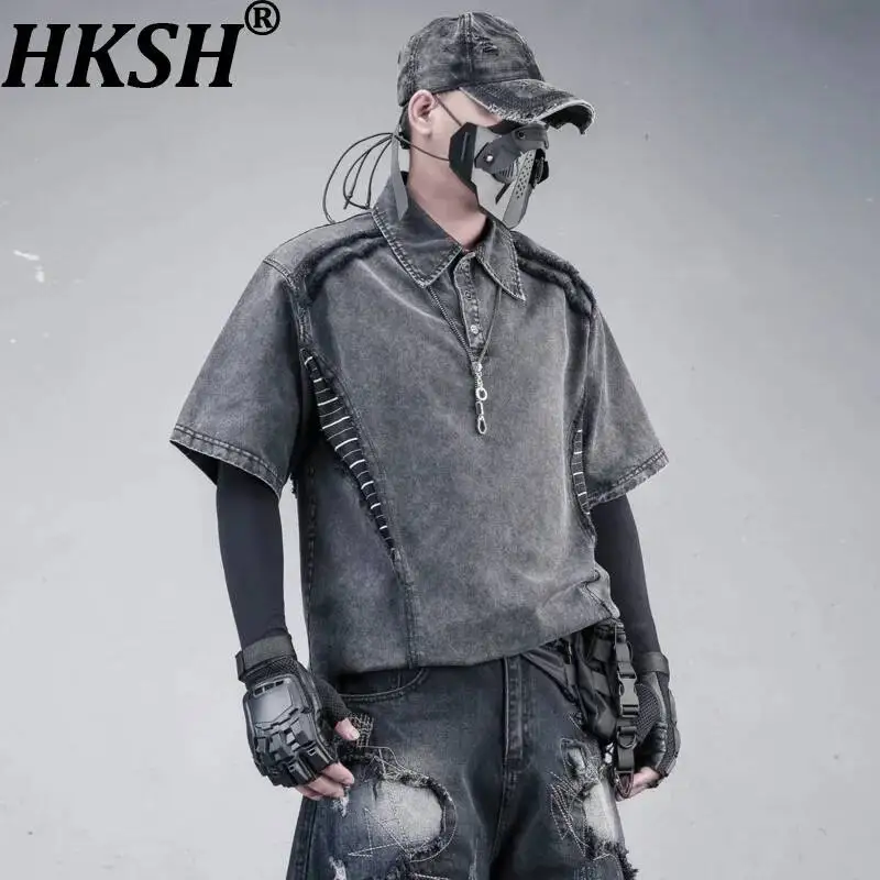 HKSH Waste Land American Washed Distressed Polo-Shirt Short Sleeve Raw Edges Striped Patchwork Functional Loose Fit Tees HK25066