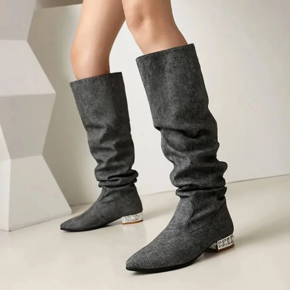 Autumn and Winter New Style Fashion High-heeled Women's Boots Solid Pointed Toe Over The Knee Square Heel Cowboy Women's Boots