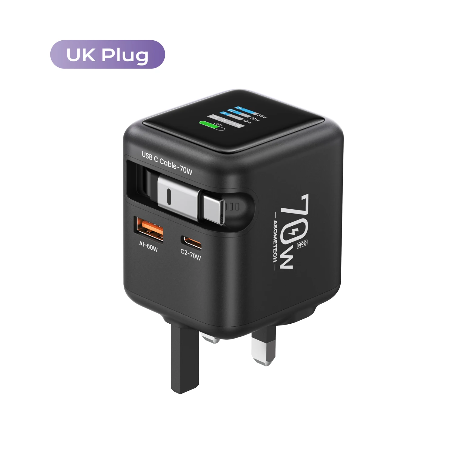 70W GaN snellader met Type-C intrekbare kabel 3 IN 1 PD3.0 QC4.0 PPS snel opladen voor IPhone 16 15 14 Xiaomi tabletlaptop - afbeelding 1